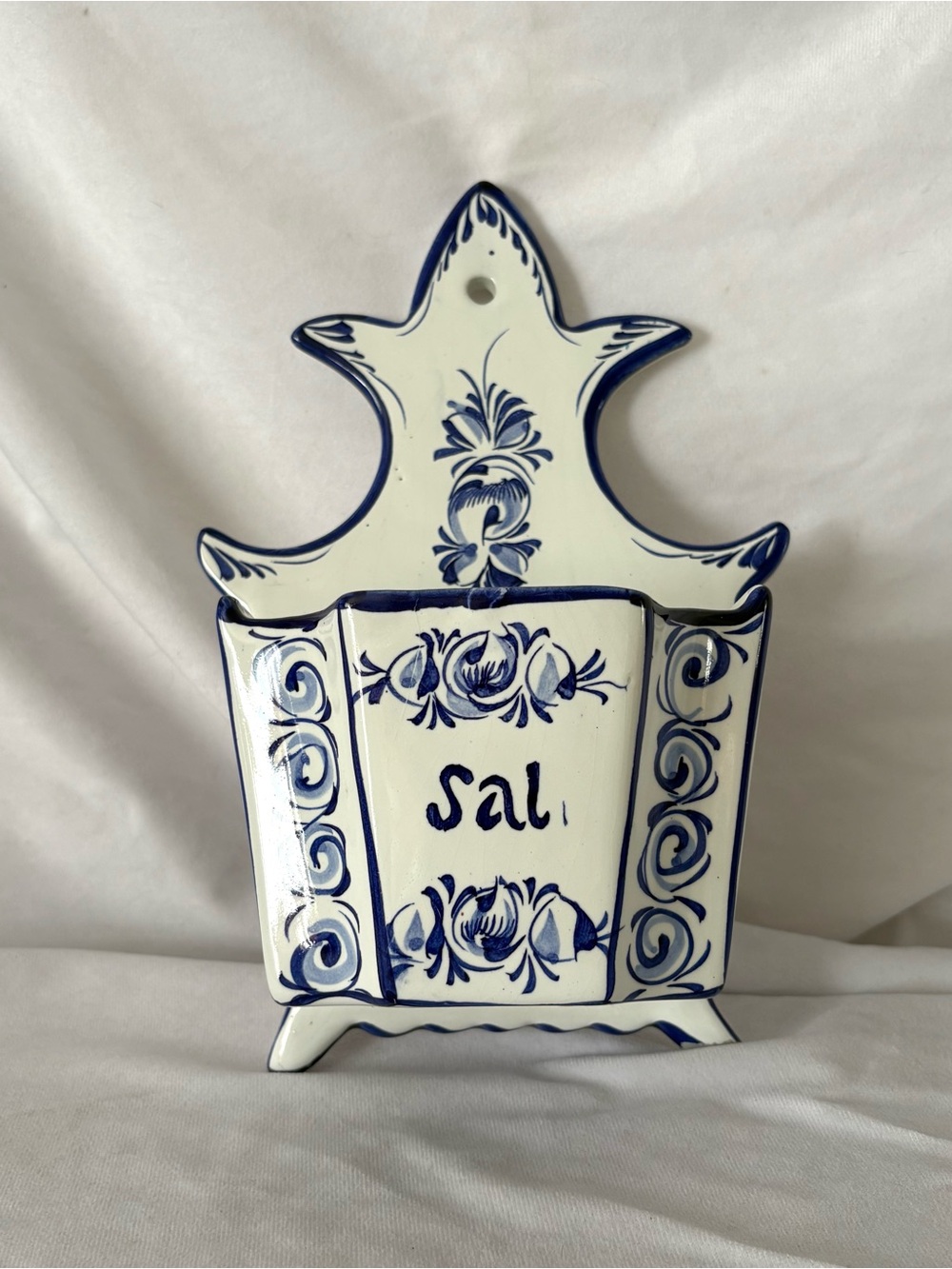 Vintage white blue ceramic salt cellar holder wall hanging Portugal home decor - Picture 3 of 7